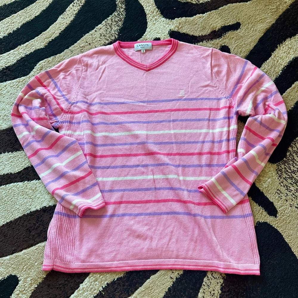 Lanvin Pink V-Neck Sweater with Purple and White Stripes